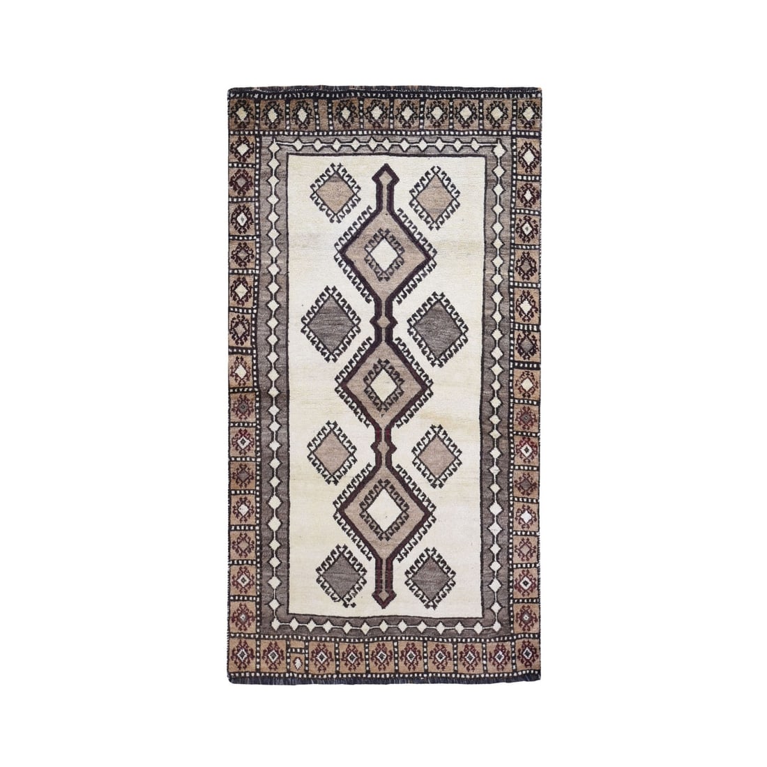 3'6"x6'10" New Farsian Gabbeh Undyed Natural Wool Hand Knotted Rug: 3'6"x6'10" New Farsian Gabbeh Undyed Natural Wool Hand Knotted Rug This stunning 3'6"x6'10" Farsian Gabbeh rug boasts an undyed natural wool hand-knotted design, showcasing a beautiful ivory color wit