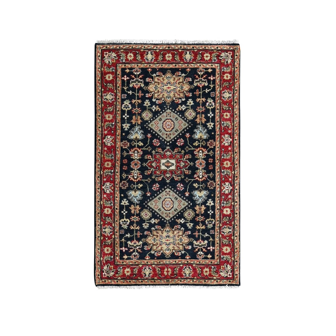 3'2"x5' Denim Black Karjihooz Design Pure Wool Hand Knotted Oriental Rug: 3'2"x5' Denim Black Karjihooz Design Pure Wool Hand Knotted Oriental Rug This stunning hand-knotted Oriental rug boasts an intricate Karjihooz design in rich black wool, set against a subtle cream-col