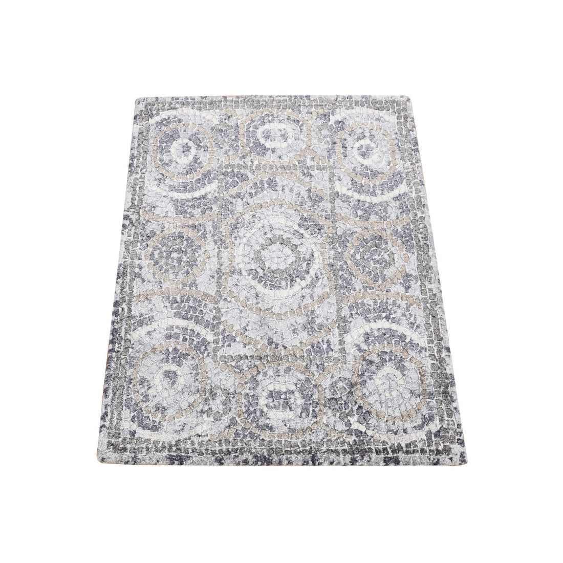 2'2"x2'10" Gray Silken Roman Mosaic Design Hand Knotted Sample Mat Rug: 2'2"x2'10" Gray Silken Roman Mosaic Design Hand Knotted Sample Mat Rug The Gray Silken Roman Mosaic Design Hand Knotted Sample Mat Rug boasts an intricate mosaic design, expertly woven with wool and
