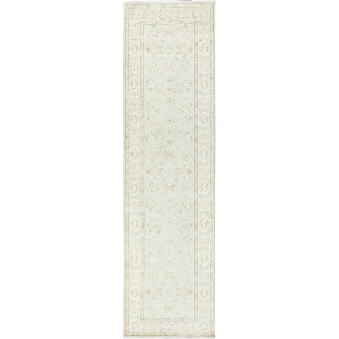 2'8"x9'9" Ivory Afghan Stone Washed Peshawar Wool Hand Knotted Runner Rug: 2'8"x9'9" Ivory Afghan Stone Washed Peshawar Wool Hand Knotted Runner Rug Hand-knotted in Turkey, this stunning ivory Peshawar wool runner rug boasts a timeless Oriental regional design. Measuring 2'8
