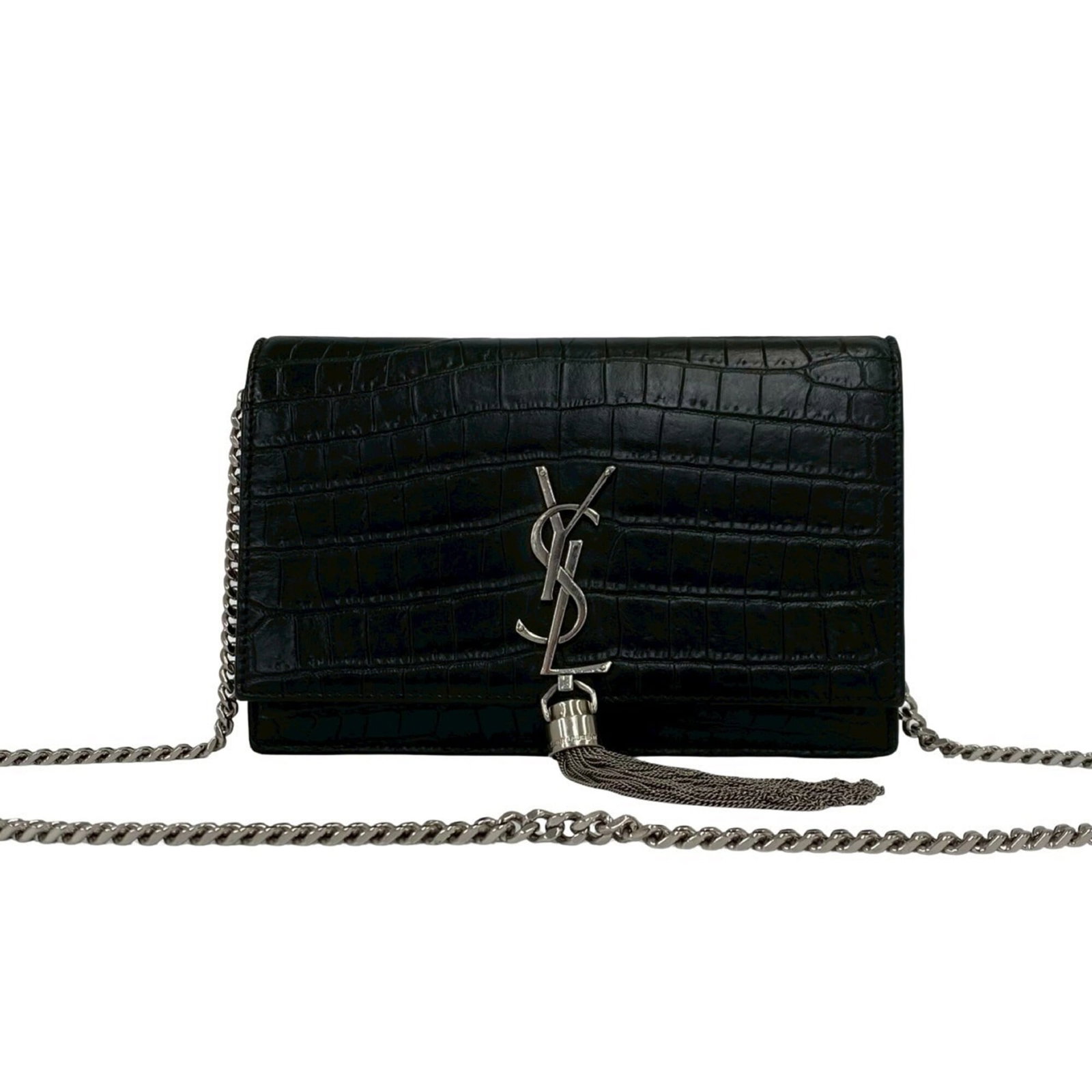 Shoulder Bag Leather Pochette Saint Laurent: Shoulder Bag Leather Pochette Saint Laurent Black leather pochette from Saint Laurent, measuring 13cm x 19cm x 4.5cm, offering a sleek and compact shoulder bag design. The classic style features high-