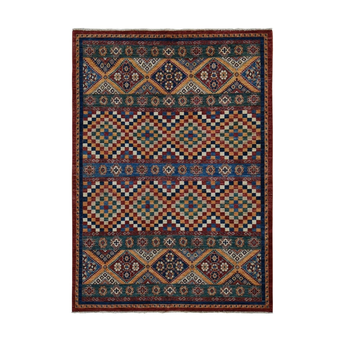 5'7"x8' Green Super Kazak Khorjin Design Hand Knotted Pure Wool Rug: 5'7"x8' Green Super Kazak Khorjin Design Hand Knotted Pure Wool Rug Hand-knotted in pure wool, this stunning 5'7"x8' Green Super Kazak Khorjin Design rug boasts a rich, vibrant green field with intric