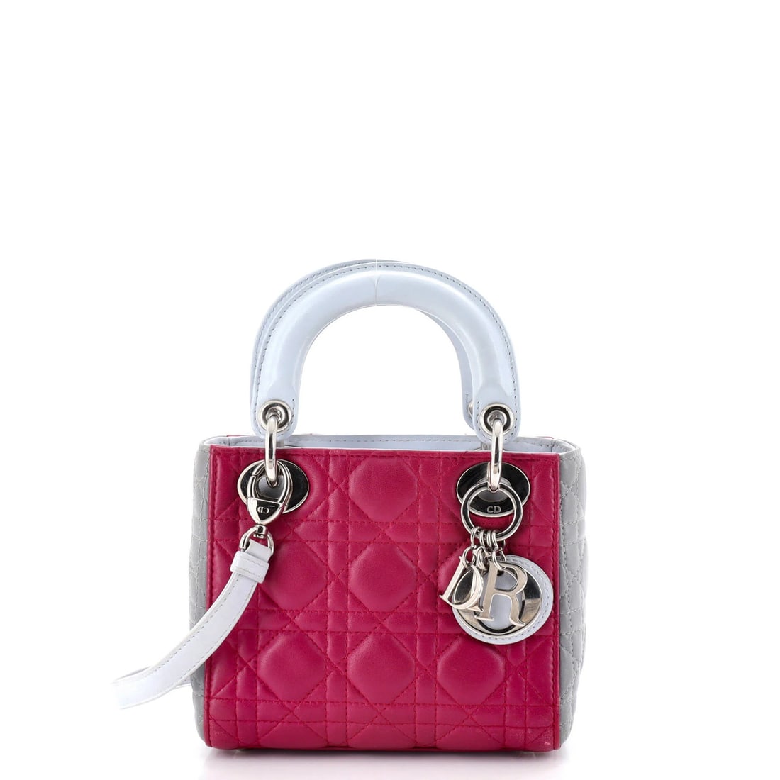 Christian Dior Tricolor Lady Dior Bag Cannage Quilt Leather Mini: Christian Dior Tricolor Lady Dior Bag Cannage Quilt Leather Mini Purple Tricolor Lady Dior Bag in Cannage Quilt Leather Mini. This mini bag features a striking purple exterior with intricate cannage q