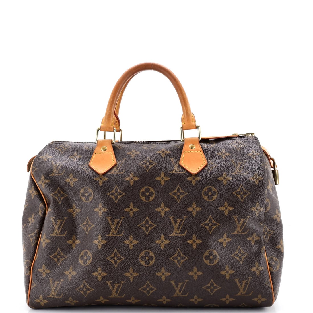 Canvas monogram speedy handbag Louis Vuitton 30: Canvas monogram speedy handbag Louis Vuitton 30 Canvas monogram speedy handbag Louis Vuitton 30 features a classic top handle design with heavy corner wear, edge wear, and discoloration throughout. Th