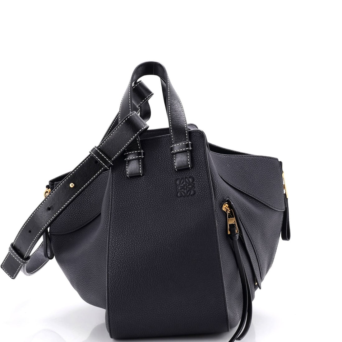 Hammock Leather Small Loewe Bag: Hammock Leather Small Loewe Bag Small Loewe Hammock Bag in Black Leather.With its sleek design and luxurious leather exterior, this small shoulder bag features gold hardware and a black interior. Meas