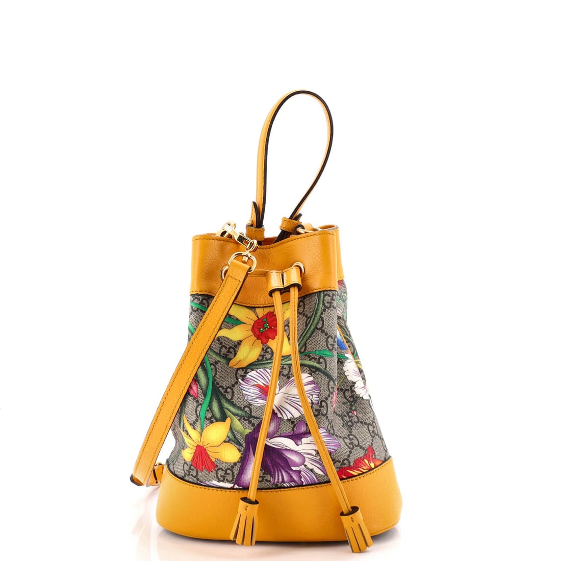 Gucci Ophidia Bucket Bag Flora GG Coated Canvas and Leather Small: Gucci Ophidia Bucket Bag Flora GG Coated Canvas and Leather Small Yellow Gucci Ophidia Bucket Bag Flora GG Coated Canvas and Leather Small. This small bucket bag features a bright yellow exterior made