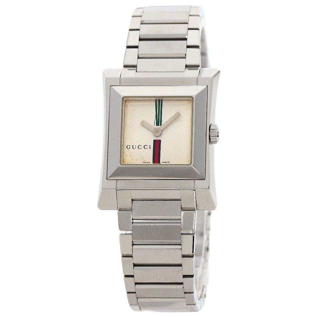 Gucci Square Face Watches 111L Stainless Steel/ Stainless Steel: Gucci Square Face Watches 111L Stainless Steel/ Stainless Steel Stainless steel case with silver bezel and ivory dial, featuring an analog display on a quartz movement. The watch has a sleek design wi