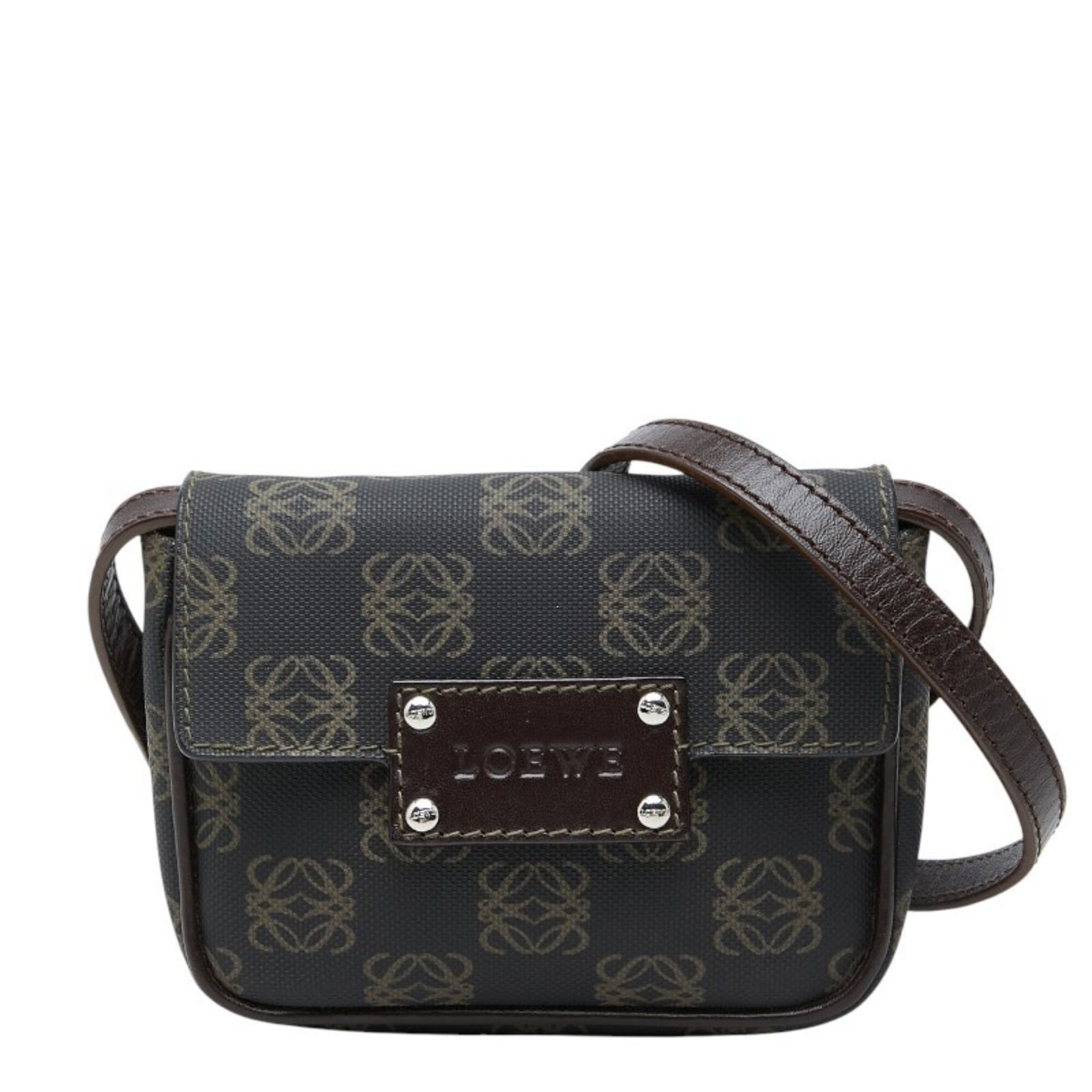 PVC Leather Shoulder Bag By Loewe: PVC Leather Shoulder Bag By Loewe PVC Leather Shoulder Bag by Loewe features a unique blend of materials, combining PVC and leather for a distinctive look. Measuring 10cm x 13cm x 2cm, this compact sh