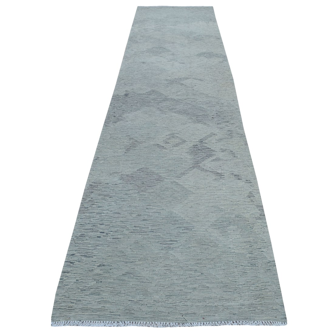 3'1"x14' Gray Shades Flat Weave Kilim Pure Wool Hand Woven Runner Rug: 3'1"x14' Gray Shades Flat Weave Kilim Pure Wool Hand Woven Runner Rug Gray Shades Flat Weave Kilim Pure Wool Hand Woven Runner Rug measures 3'1" x 14', made from 100% wool material, with a distinctive