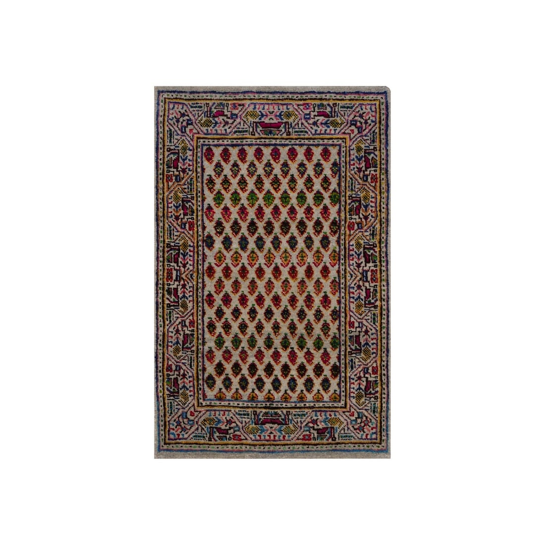 2'x3' Colorful Repetitive Boteh Design Hand Knotted Wool and Silk Mat Rug: 2'x3' Colorful Repetitive Boteh Design Hand Knotted Wool and Silk Mat Rug Colorful Repetitive Boteh Design Hand Knotted Wool and Silk Mat Rug features an all-over regional design in beige, blue, yello