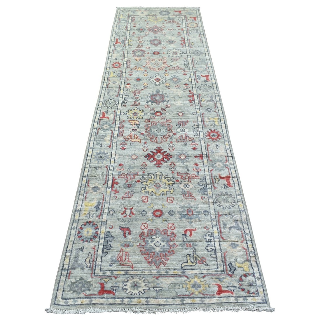 2'7"x9'5" Light Gray Angora Oushak Hand Knotted Afghan Wool Runner Rug: 2'7"x9'5" Light Gray Angora Oushak Hand Knotted Afghan Wool Runner Rug Hand-knotted in wool, this Light Gray Angora Oushak rug boasts an intricate Oriental regional design. Measuring 2'7" x 9'5", it s