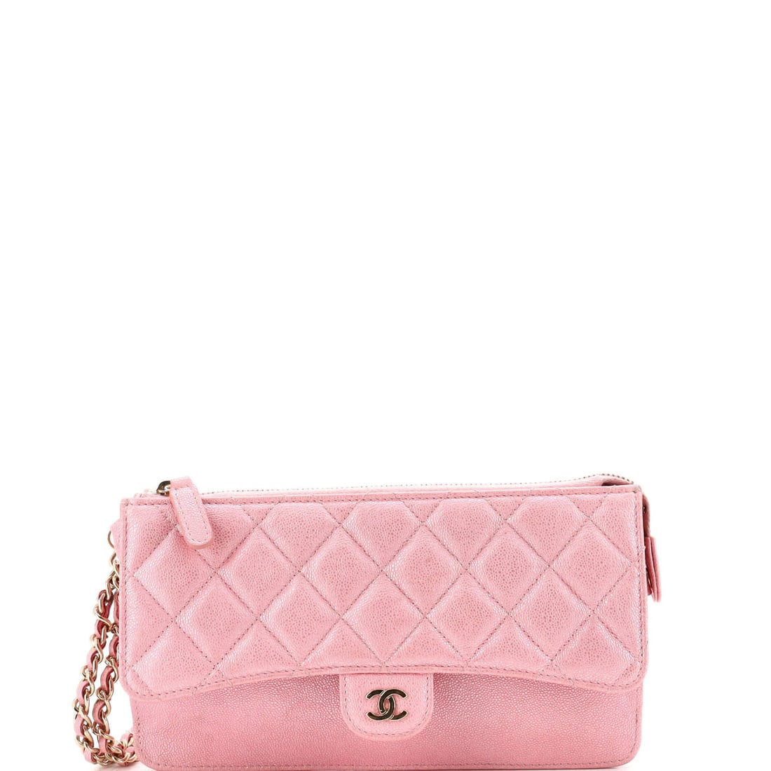Caviar Iridescent Quilted Classic Pouch Wristlet Flap Chanel Zip: Caviar Iridescent Quilted Classic Pouch Wristlet Flap Chanel Zip Pink quilted Iridescent Caviar exterior leather Classic Flap Zip Wristlet Pouch measures 5" high, 8" wide, and 1" deep. This Chanel wri