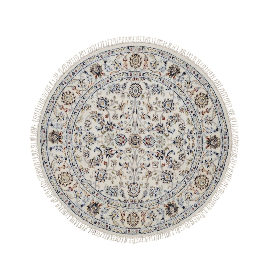 Ivory Nain Round Wool Silk Hand Knotted Rug Over All Design 4: Ivory Nain Round Wool Silk Hand Knotted Rug Over All Design 4 Hand-knotted with wool and silk, this ivory Nain round rug boasts an all-over design in a subtle, elegant pattern. Measuring 49" x 49", it