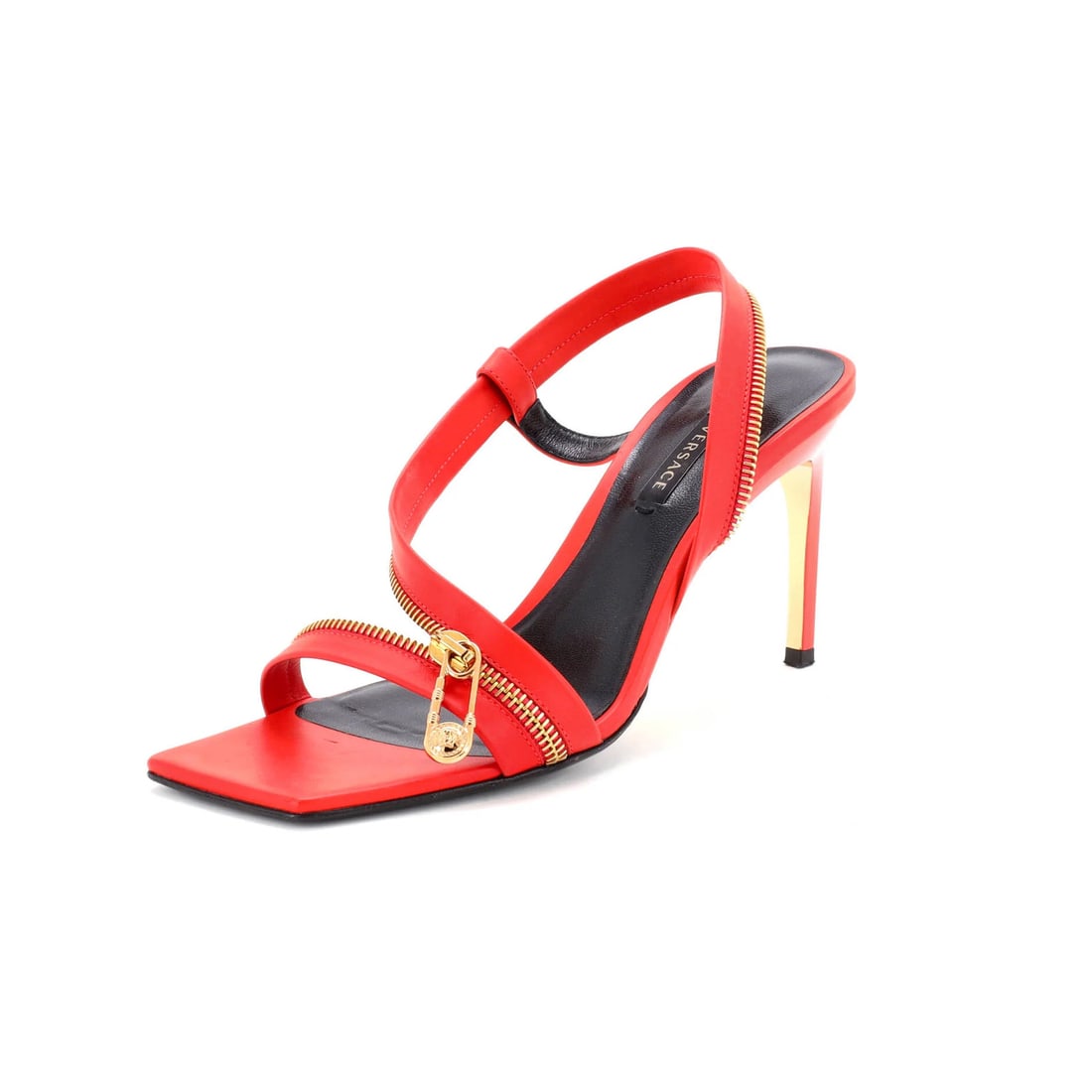 Women's Safety Pin Zipper Slingback Sandals Leather Versace: Women's Safety Pin Zipper Slingback Sandals Leather Versace Women's Safety Pin Zipper Slingback Sandals in luxurious red leather, featuring gold hardware and sleek design. This Versace pair boasts a u