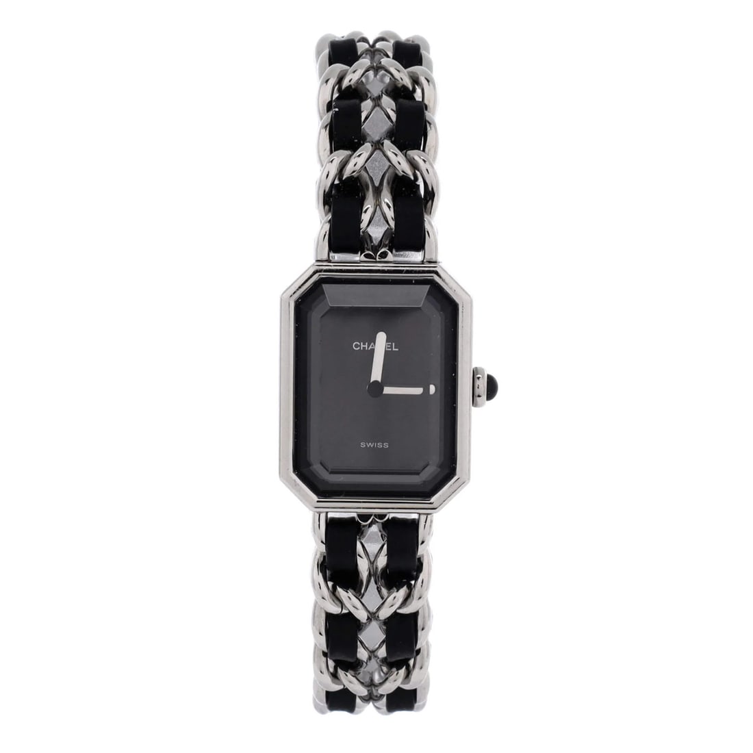 Rock quartz watch steel leather and stainless Chanel 20: Rock quartz watch steel leather and stainless Chanel 20 Stainless steel and black leather band, the Premiere Rock Quartz Watch from Chanel boasts a sleek design with moderate scratches on case and ban