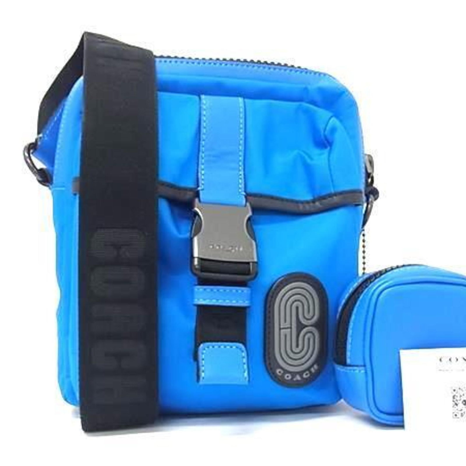 Nylon Leather Handbag Shoulder Pouch Tote Bag Coach: Nylon Leather Handbag Shoulder Pouch Tote Bag Coach Nylon and leather blend in this versatile shoulder bag, available in black and blue. The sleek design features an outer pocket for added