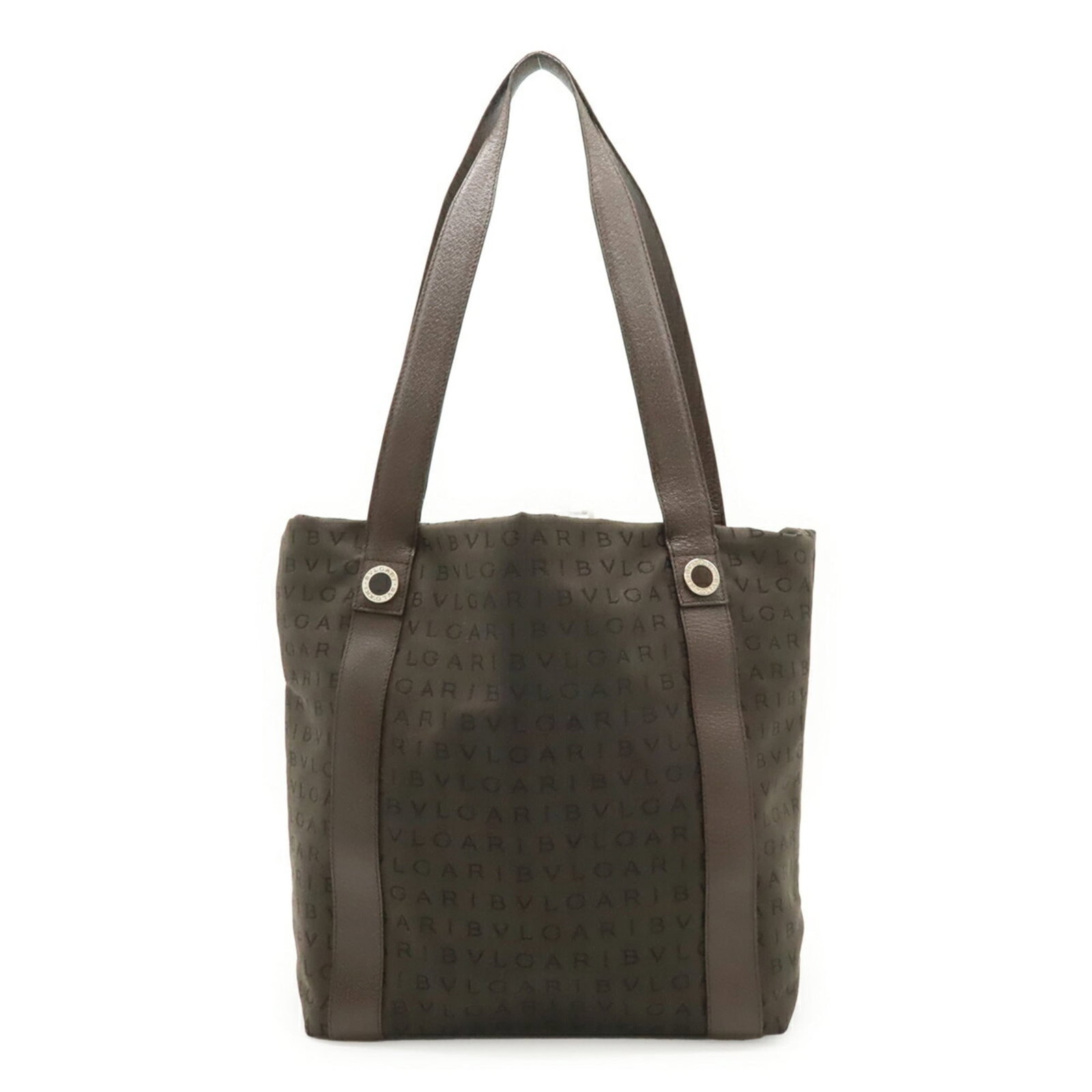 Bvlgari Handbag Shoulder Bag Tote Bag Canvas Leather: Bvlgari Handbag Shoulder Bag Tote Bag Canvas Leather Dark brown canvas and leather Bvlgari Logomania shoulder bag tote features a zipper outer pocket for added convenience. Measuring 28.5cm x 27.5cm x