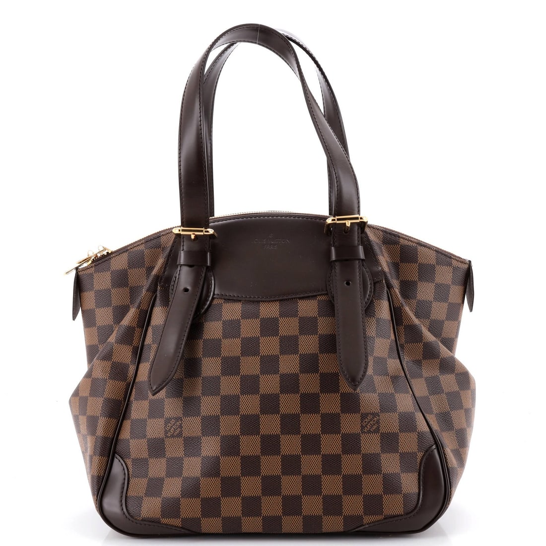 Handbag Damier Vuitton Louis MM: Handbag Damier Vuitton Louis MM The Louis Vuitton Handbag Damier Vuitton Louis MM features a classic design with canvas coated leather exterior in brown, complemented by a red interior. The bag's sign