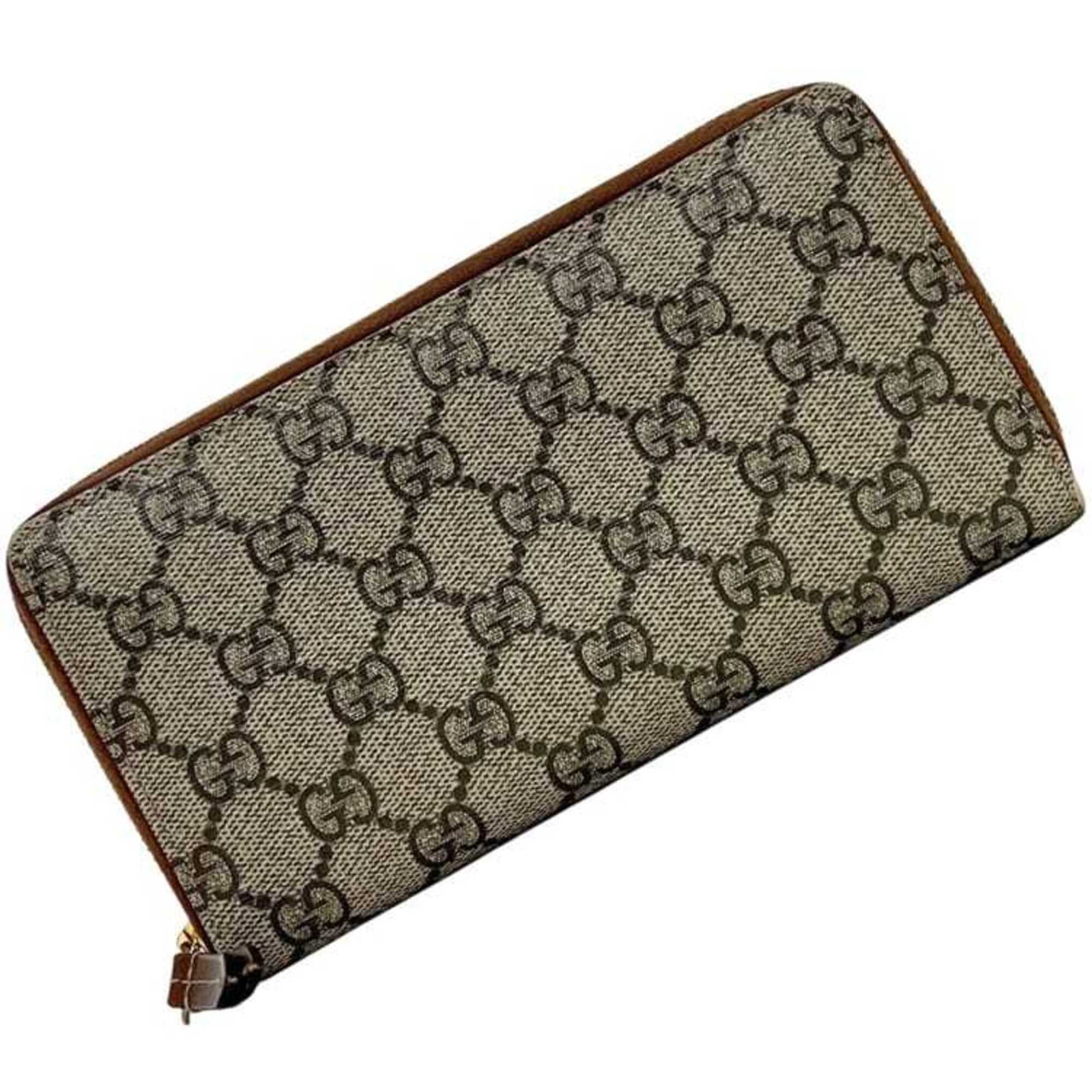 PVC Leather Bi Fold Wallet Long Gucci: PVC Leather Bi Fold Wallet Long Gucci Made from PVC and leather, this bi-fold wallet measures 10cm x 19cm x 2.5cm and features a beige brown color. The Gucci brand is prominently displayed on the item