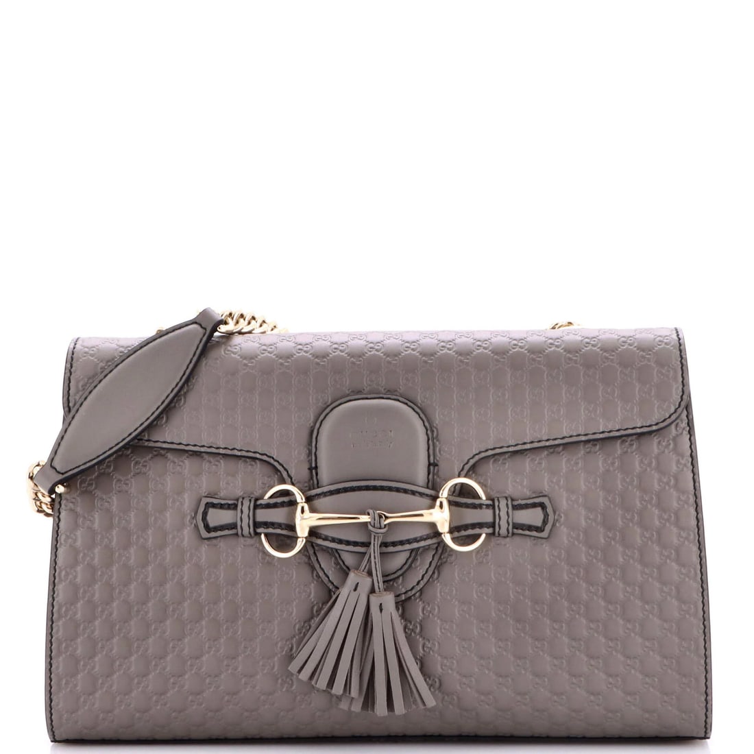 Gucci medium leather bag chain flap Emily microguccissima: Gucci medium leather bag chain flap Emily microguccissima The Gucci medium leather bag chain flap Emily microguccissima features a striking gray exterior with gold tone hardware, while the interior bo