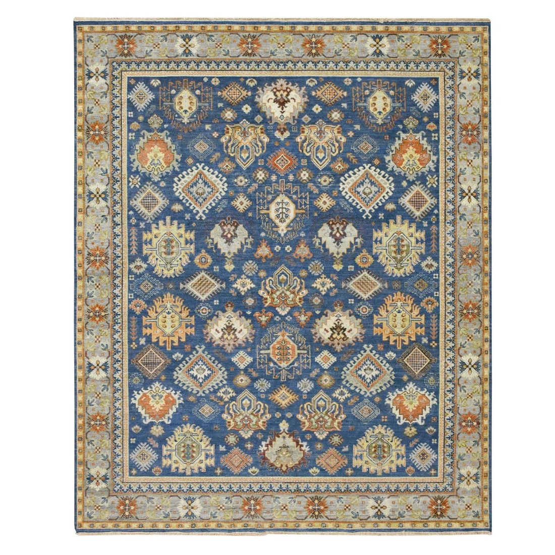 Blue Hand Knotted Wool Zoroastrian Rug Northwest All Over 8'x9: Blue Hand Knotted Wool Zoroastrian Rug Northwest All Over 8'x9 Hand-knotted in rich blue wool, this stunning Zoroastrian rug boasts an all-over design that adds depth and visual interest to any room. 