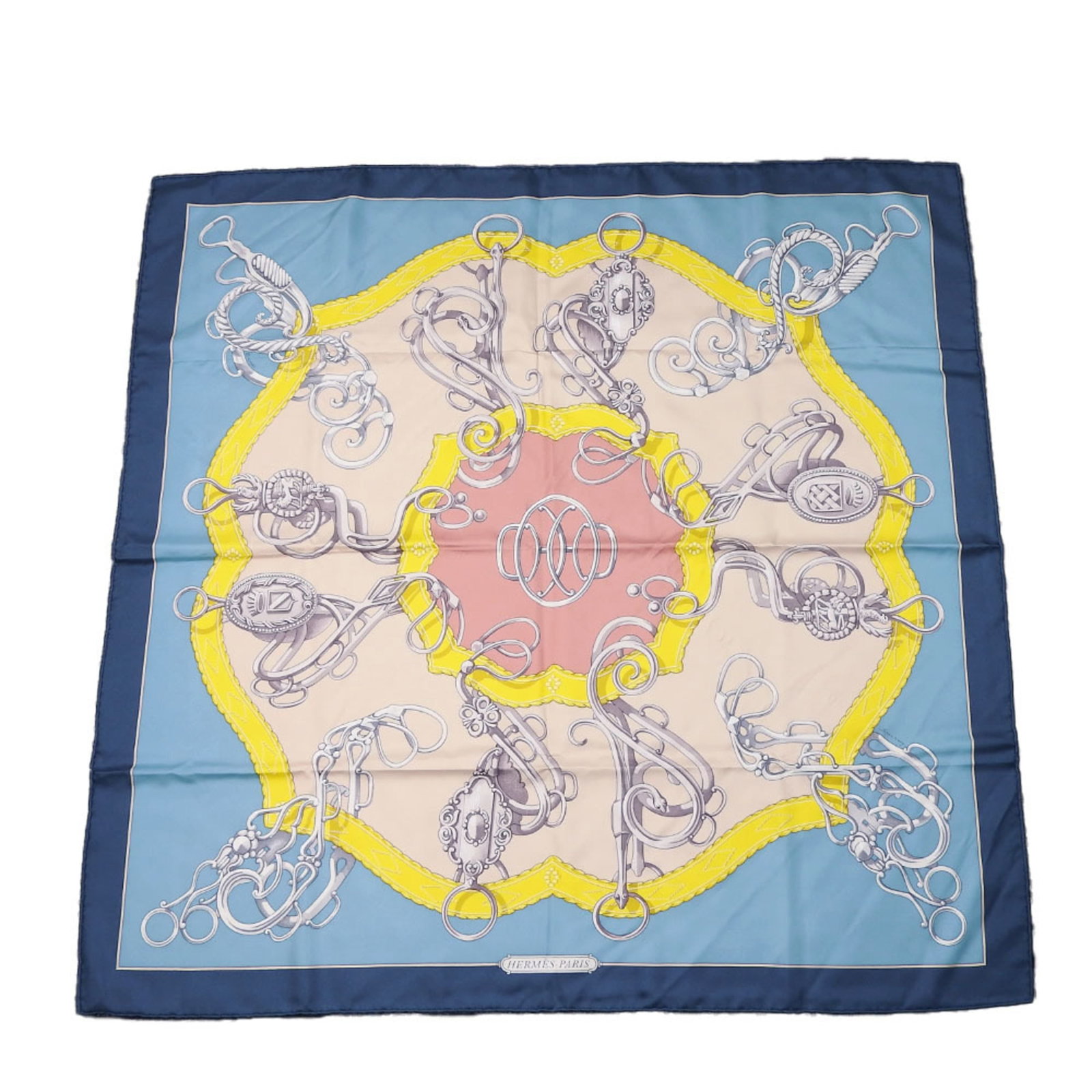 Hermes silk scarf: Hermes silk scarf Silk scarf from renowned French fashion house Hermes, featuring vibrant blue and yellow hues in a classic design. Made from high-quality silk, this accessory measures 88.5cm x 89cm a