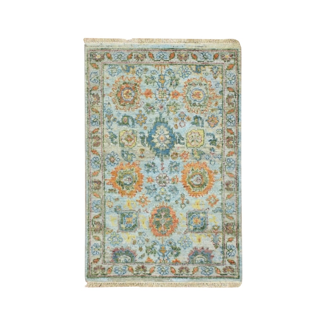 2'x3' Light Blue Sultanabad Reimagined Hand Knotted Wool Zero Pile Mat Rug: 2'x3' Light Blue Sultanabad Reimagined Hand Knotted Wool Zero Pile Mat Rug Light blue Sultanabad-style rug, featuring an all-over regional design in wool and cotton, boasts a hand-knotted weave. Made 