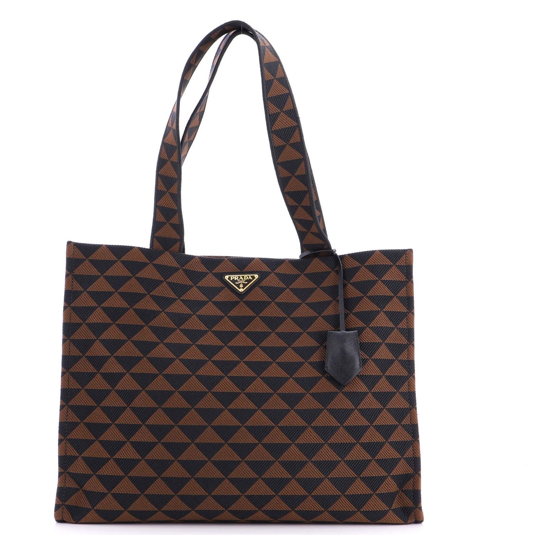 Symbole Shopper Tote Jacquard Horizontal Prada: Symbole Shopper Tote Jacquard Horizontal Prada Symbole Shopper Tote Jacquard Horizontal Prada in excellent condition, featuring a timeless brown canvas exterior with gold hardware and a spacious inter