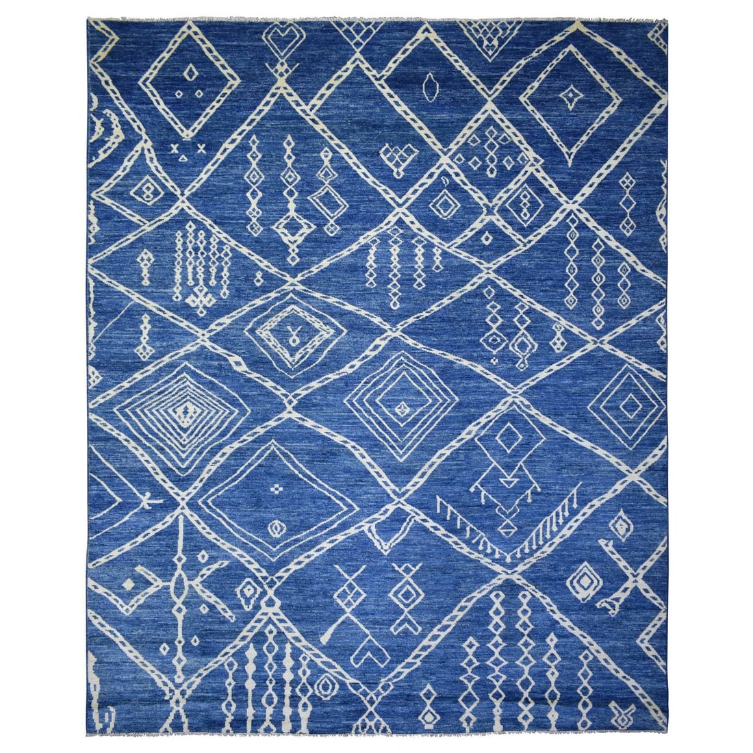 12'3"x14'3" Blue Hand Knotted Soft and Shiny Wool Moroccan Berber Rug: 12'3"x14'3" Blue Hand Knotted Soft and Shiny Wool Moroccan Berber Rug Soft and Shiny Blue Moroccan Berber Wool Rug. This hand-knotted wool rug features an oriental design in a rectangular field with n