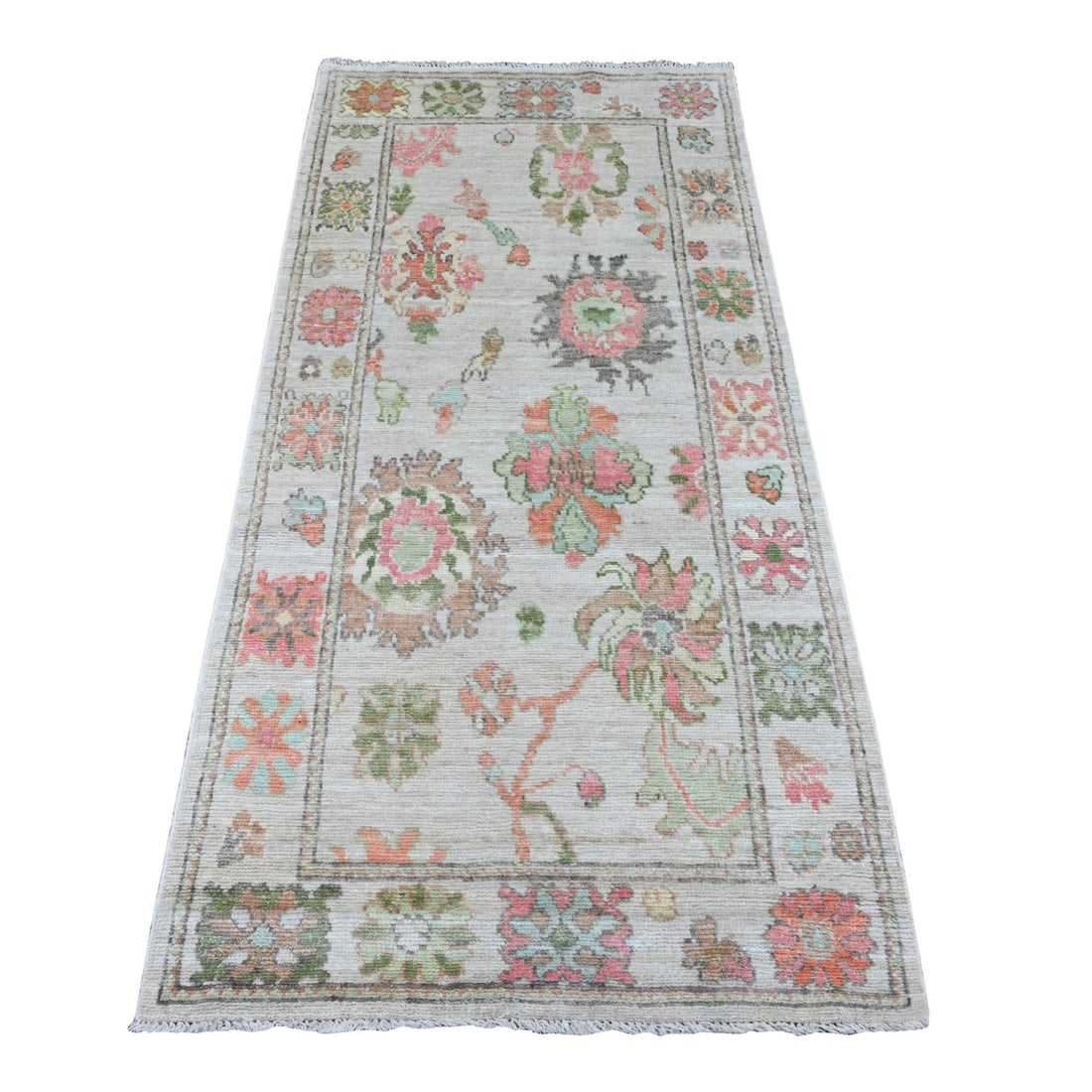 3'x6' White Afghan Angora Oushak Leaf Design Hand Knotted Wool Runner Rug: 3'x6' White Afghan Angora Oushak Leaf Design Hand Knotted Wool Runner Rug Oushak Leaf Design Hand Knotted Wool Runner Rug boasts an elegant ivory color and intricate leaf pattern, characteristic of Af
