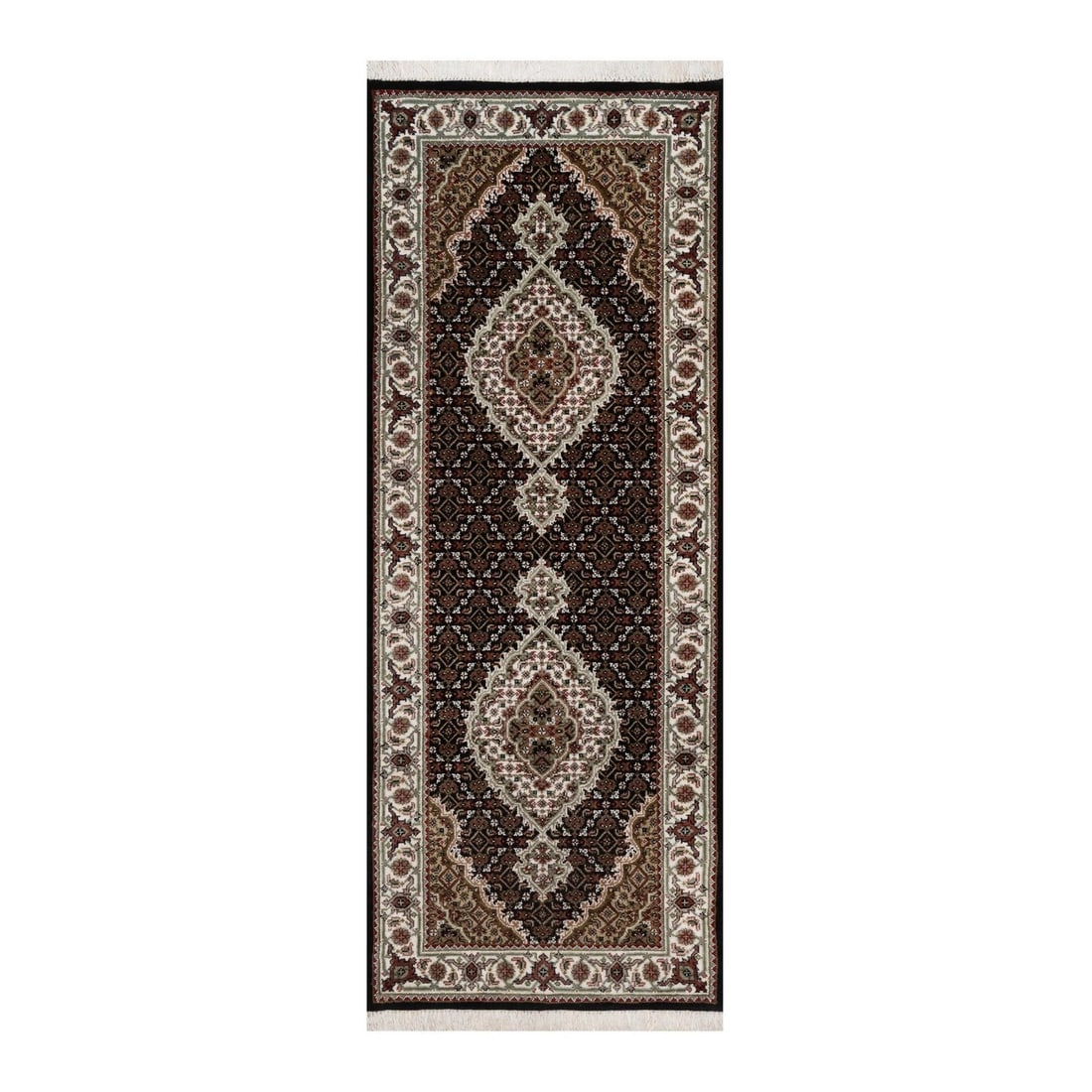 2'7"x6'9" Black Hand Knotted Rug Tebraz Mahi Medallion Design Wool Runner: 2'7"x6'9" Black Hand Knotted Rug Tebraz Mahi Medallion Design Wool Runner Black Hand Knotted Wool Runner with Intricate Tebraz Mahi Medallion Design. This stunning wool runner boasts an eye-catching m