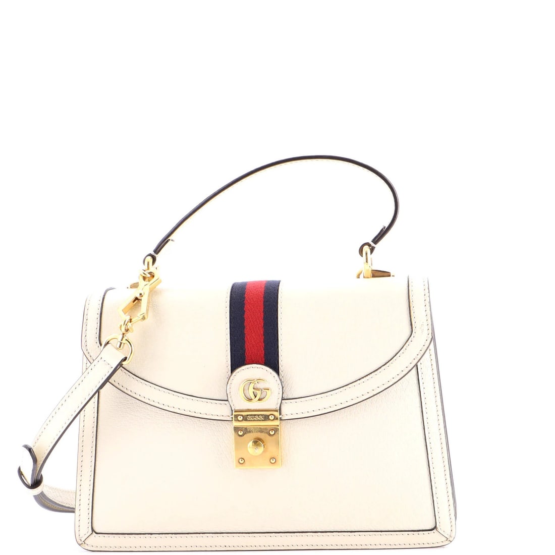 Small flap leather top bag handle Gucci Ophidia: Small flap leather top bag handle Gucci Ophidia Small flap leather top bag handle Gucci Ophidia features a neutral exterior with heavy corner wear, scuffs, edge wear, minor creases, and minor cracking