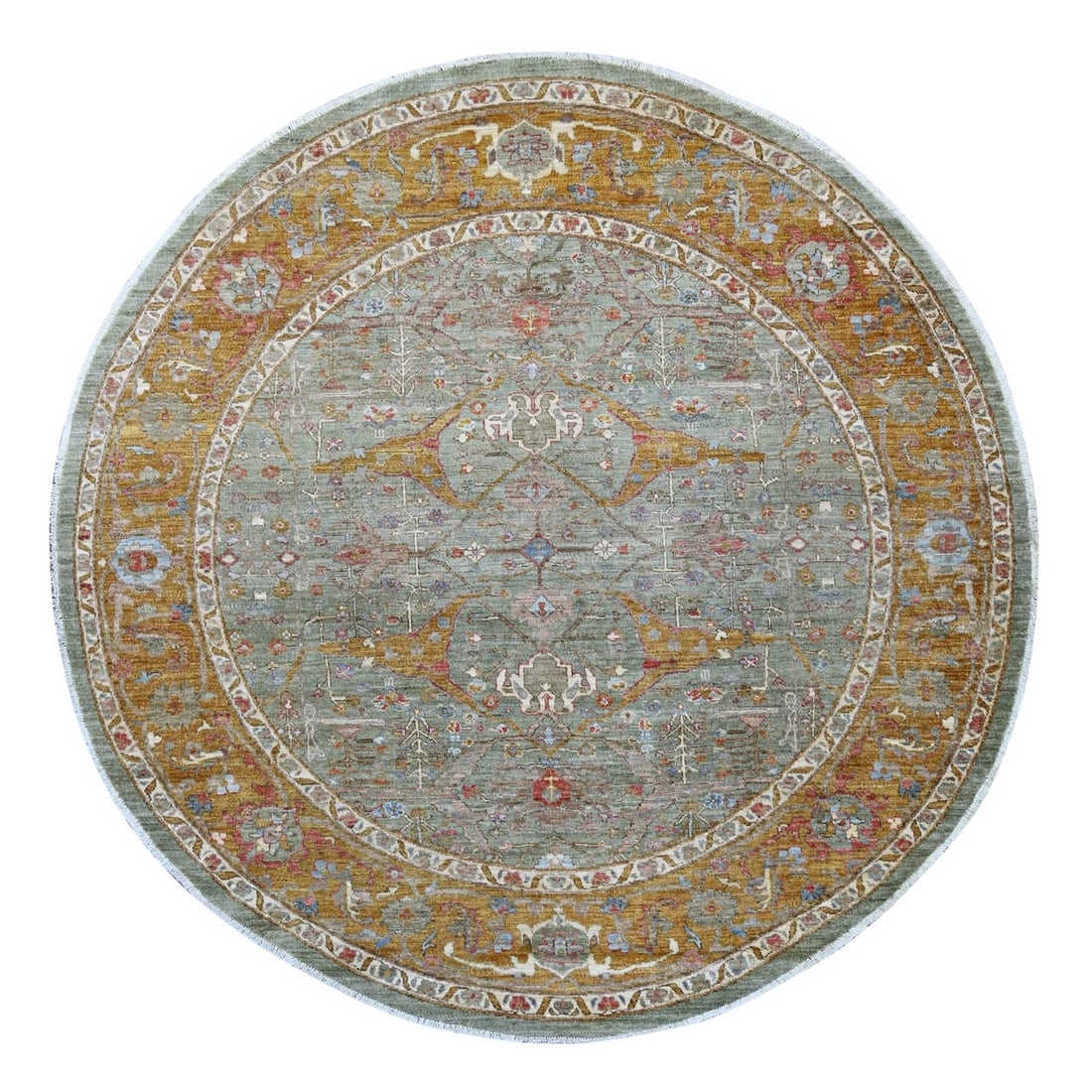 8'x8' Green Peshawar with Bijar Garus Design Wool Hand Knotted Round Rug: 8'x8' Green Peshawar with Bijar Garus Design Wool Hand Knotted Round Rug The 8'x8' Green Peshawar with Bijar Garus Design Wool Hand Knotted Round Rug boasts an all-over regional design, featuring a st