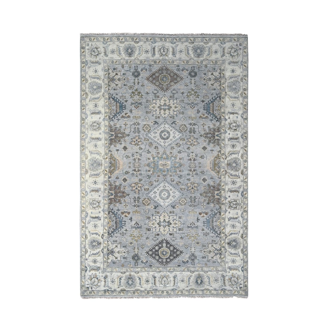 6'x9' Misty Gray, Pure Wool, Hand Knotted, Karjihooz Design Oriental Rug: 6'x9' Misty Gray, Pure Wool, Hand Knotted, Karjihooz Design Oriental Rug The Karjihooz Design Oriental Rug boasts a stunning Misty Gray color and intricate hand-knotted wool design, perfectly capturin