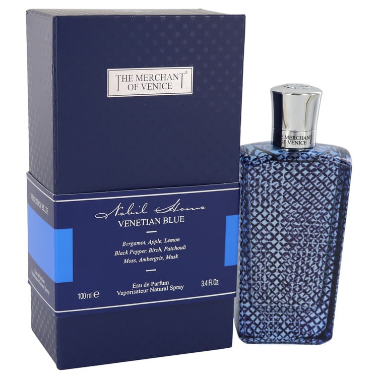 Venetian Blue by The Merchant of Venice Eau De Parfum Spray 3.4 oz: Venetian Blue by The Merchant of Venice Eau De Parfum Spray 3.4 oz The Merchant of Venice Eau De Parfum Spray in Venetian Blue features an oriental cologne profile with notes of musk and patchouli at 