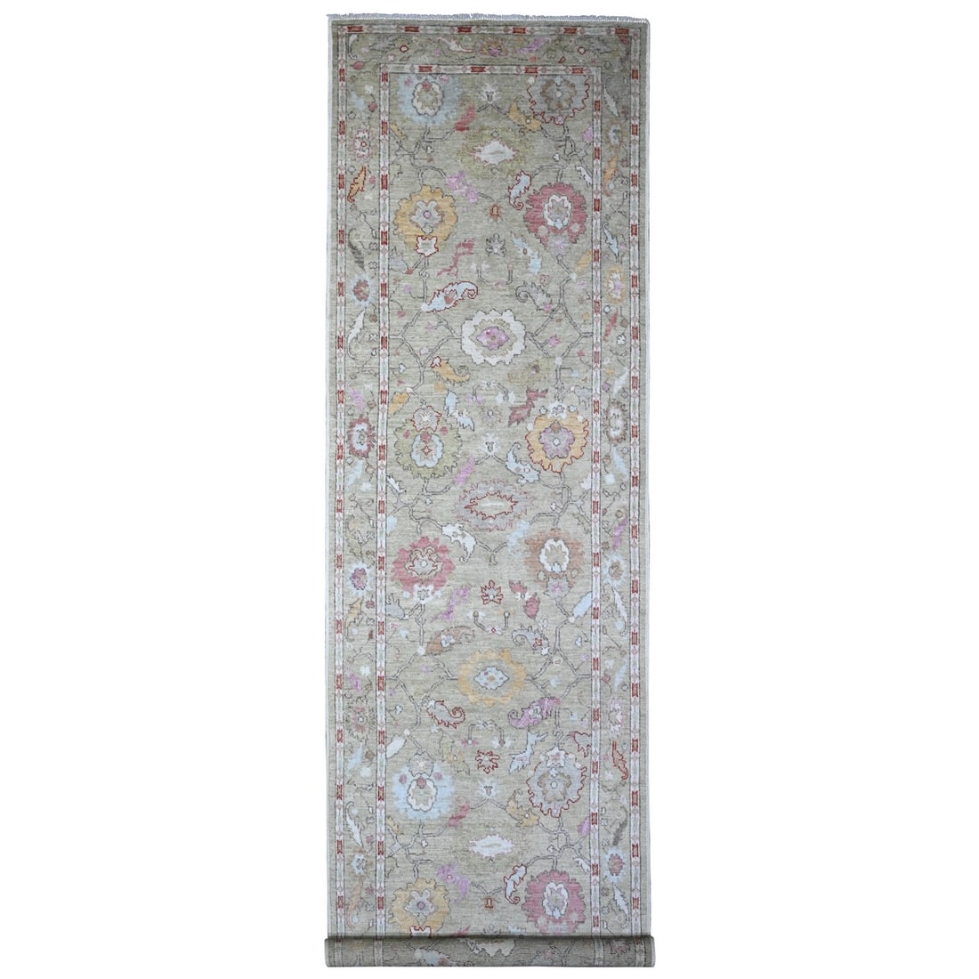 4'x15'9" Moss Green Afghan Angora Oushak Wide Runner Oriental Rug: 4'x15'9" Moss Green Afghan Angora Oushak Wide Runner Oriental Rug The Moss Green Afghan Angora Oushak Wide Runner Oriental Rug boasts an impressive size and intricate hand-knotted design, featuring a 