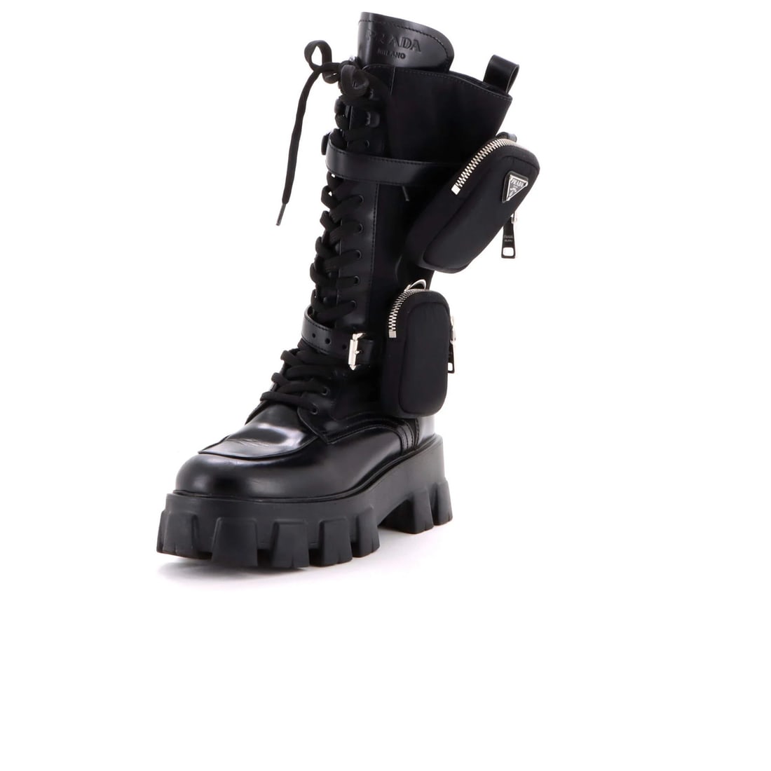 Women's lace up knee high boots leather monolith nylon with prada (1 of 6)
