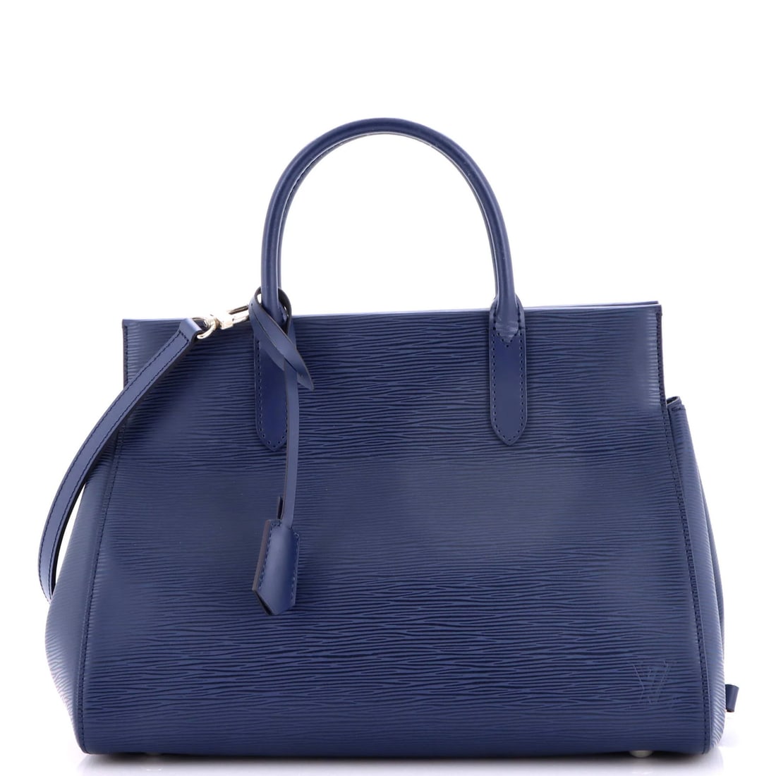 Vuitton Louis Marly Epi leather handbag MM: Vuitton Louis Marly Epi leather handbag MM Blue Louis Vuitton Marly Epi Leather MM Handbag with Clochette and Strap. This excellent condition handbag features minor scuffs, creases, and a signature on