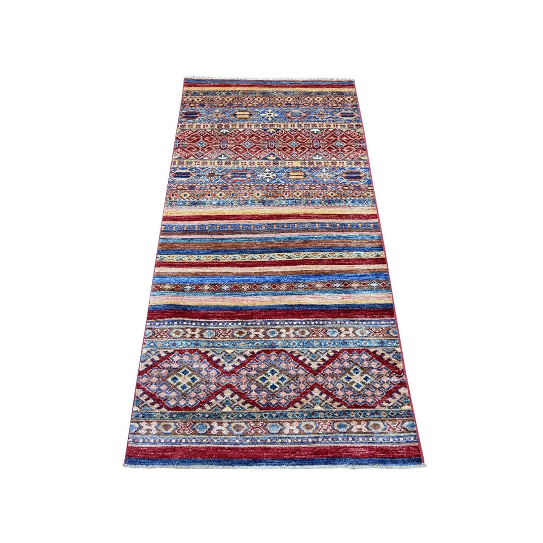 2'8"x5'7" Colorful Afghan Super Kazak Hand Knotted Pure Wool Runner Rug: 2'8"x5'7" Colorful Afghan Super Kazak Hand Knotted Pure Wool Runner Rug Colorful and vibrant, this hand-knotted Kazak rug boasts an all-over regional design in a palette of multicolored hues. Made fro