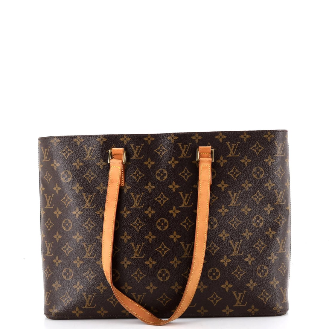 Monogram Canvas Louis Vuitton Luco Handbag: Monogram Canvas Louis Vuitton Luco Handbag Brown Monogram Canvas Louis Vuitton Luco Handbag with scuffs, corner wear, and minor creases on the exterior. The interior features a neutral microfiber lini