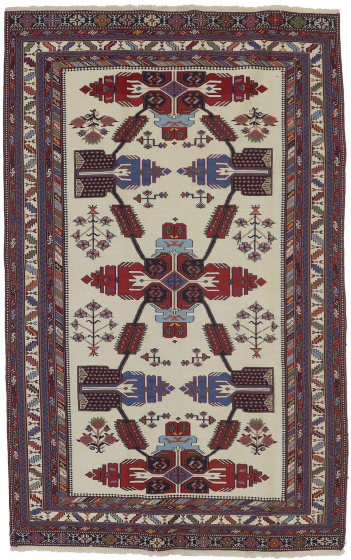 4X7 Flat-Weave Sumak Oriental Rug Floral Tribal Style Foyer Decor Carpet Hand-Knotted: 4X7 Flat-Weave Sumak Oriental Rug Floral Tribal Style Foyer Decor Carpet Hand-Knotted Hand-knotted in traditional Oriental weaving techniques, this stunning 4'2" x 6'7" flat-weave Sumak rug boasts a v