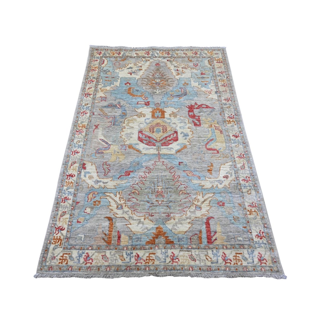 3'10"x5'9" Gray Hand Knotted Peshawar with All Over Leaf Design Wool Rug: 3'10"x5'9" Gray Hand Knotted Peshawar with All Over Leaf Design Wool Rug Gray Hand Knotted Peshawar rug with an all-over leaf design in wool, measuring 3'10" x 5'9". This rectangular field rug feature