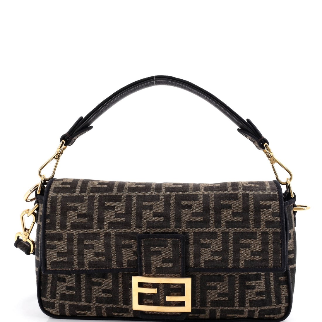 Baguette Zucca Fendi Medium Canvas NM Bag: Baguette Zucca Fendi Medium Canvas NM Bag The Fendi Baguette Zucca Medium Canvas NM Bag boasts a timeless design in rich brown canvas, complemented by gold hardware. This medium-sized shoulder bag fea