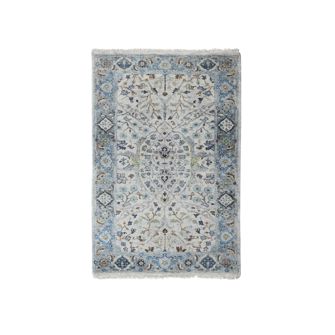 3'x5' Light Gray Oushak with Floral Motifs Hand Knotted 100% Wool Rug: 3'x5' Light Gray Oushak with Floral Motifs Hand Knotted 100% Wool Rug Light Gray Oushak with Floral Motifs Hand Knotted in 100% Wool. This 3'x5' rug boasts a beautiful, subtle floral pattern in a soot