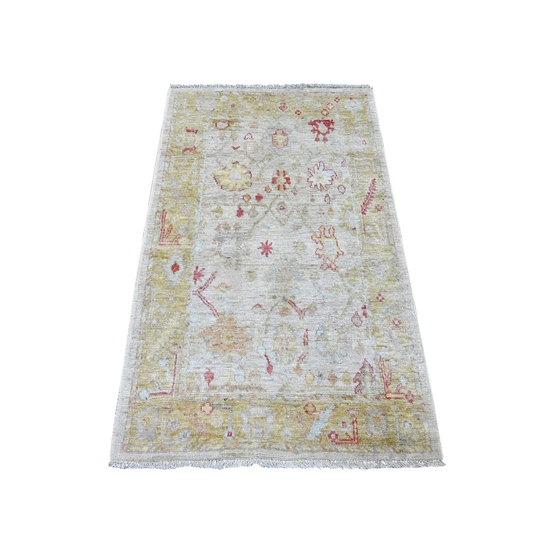 3'x4'10" Light Gray Wool Afghan Angora Oushak Hand Knotted Oriental Rug: 3'x4'10" Light Gray Wool Afghan Angora Oushak Hand Knotted Oriental Rug Light gray wool Afghan Angora Oushak hand-knotted Oriental rug, measuring 91 cm x 147 cm, boasts a rectangular field with floral
