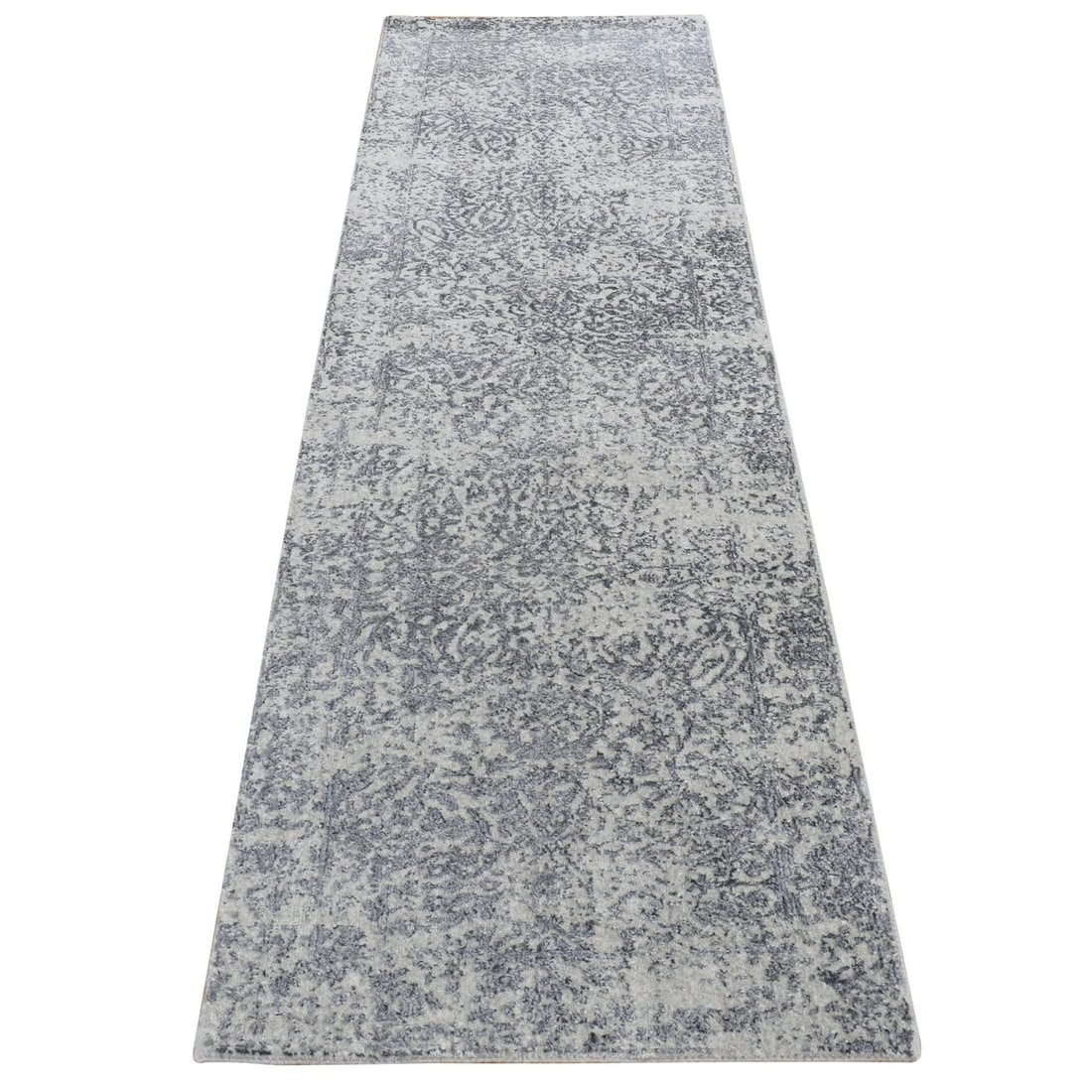 2'5"x8'2" Gray Erased Design Hand Loomed Wool and Silk Runner Rug: 2'5"x8'2" Gray Erased Design Hand Loomed Wool and Silk Runner Rug Small yet striking, this hand loomed wool and silk runner rug boasts a beautiful gray erased design. Made from high-quality materials,