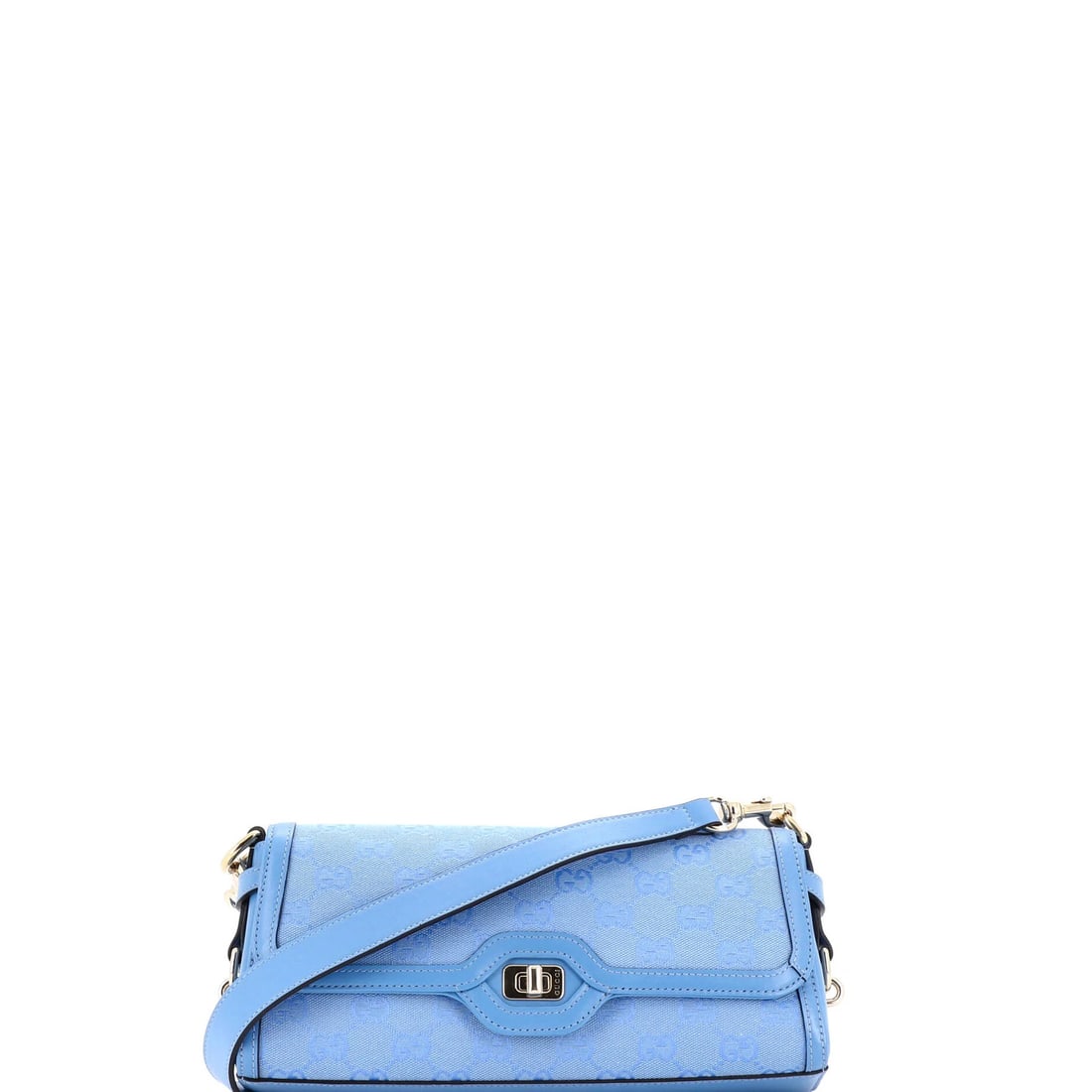 Canvas small shoulder bag Luce Gucci: Canvas small shoulder bag Luce Gucci Small canvas shoulder bag with blue exterior, featuring Gucci's Luce style. The bag measures 5" high, 10" wide, and 2.5" deep, with minor scuffs on the exterior, h