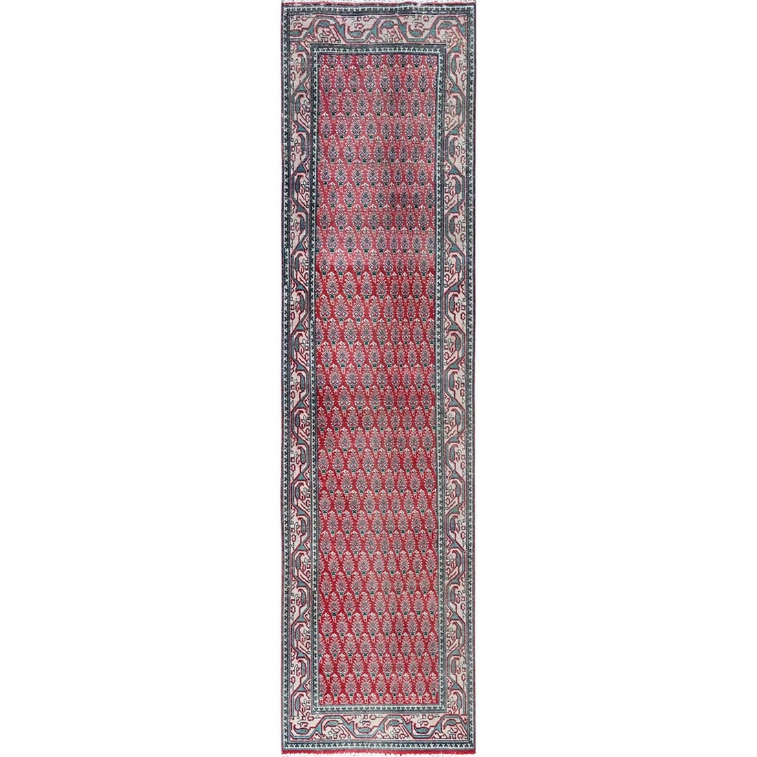 3'2"x12'4" Red Vintage Zoroastrian Tebraz Pure Wool Hand Knotted Runner Rug: 3'2"x12'4" Red Vintage Zoroastrian Tebraz Pure Wool Hand Knotted Runner Rug This stunning Red Vintage Zoroastrian Tebraz Pure Wool Hand Knotted Runner Rug boasts an intricate geometric pattern and ric