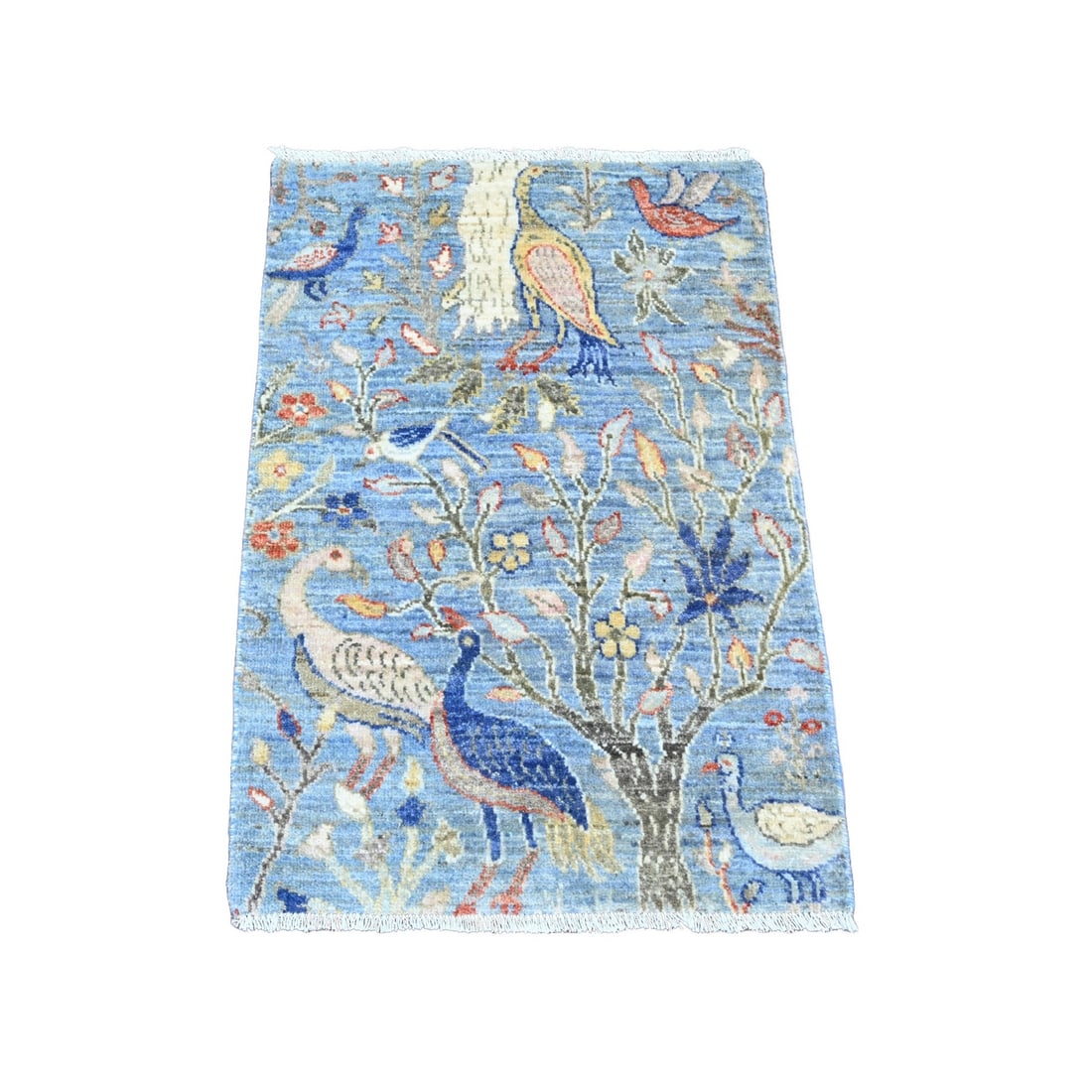 2'1"x3'1" Blue All Wool Afghan Peshawar Birds Design Hand Knotted Mat Rug: 2'1"x3'1" Blue All Wool Afghan Peshawar Birds Design Hand Knotted Mat Rug This stunning blue all wool Afghan Peshawar Birds Design Hand Knotted Mat Rug measures 37" x 25". Made from 100% wool, its