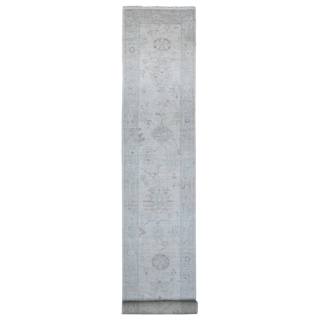 2'9"x19' Smoke White Afghan Angora Oushak Oversized Oriental Runner Rug: 2'9"x19' Smoke White Afghan Angora Oushak Oversized Oriental Runner Rug Oversized and elegant, this Smoke White Afghan Angora Oushak rug boasts a stunning ivory hue and intricate texture. Measuring 2'